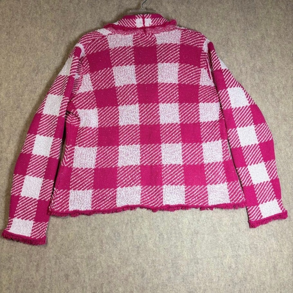 Isaac Mizrahi Cardigan Women Medium Pink Gingham Knit Blazer Fringe Preppy Fun - Picture 4 of 9